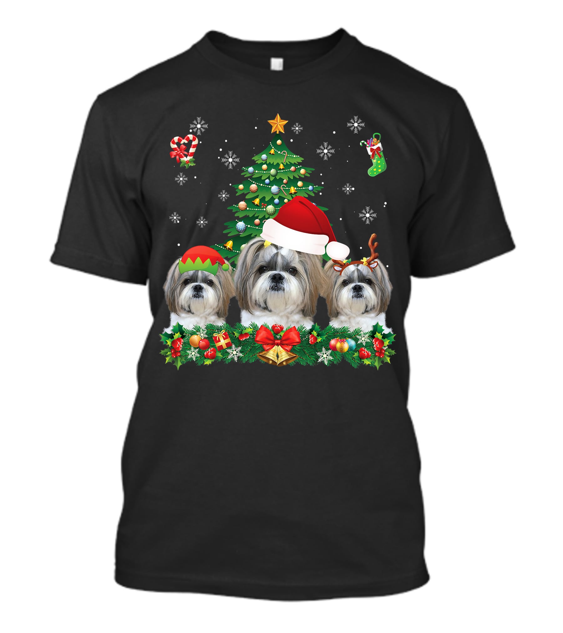 Merry Dogmas Shih Tzu Santa Elf Reindeer Christmas Tree T-Shirt