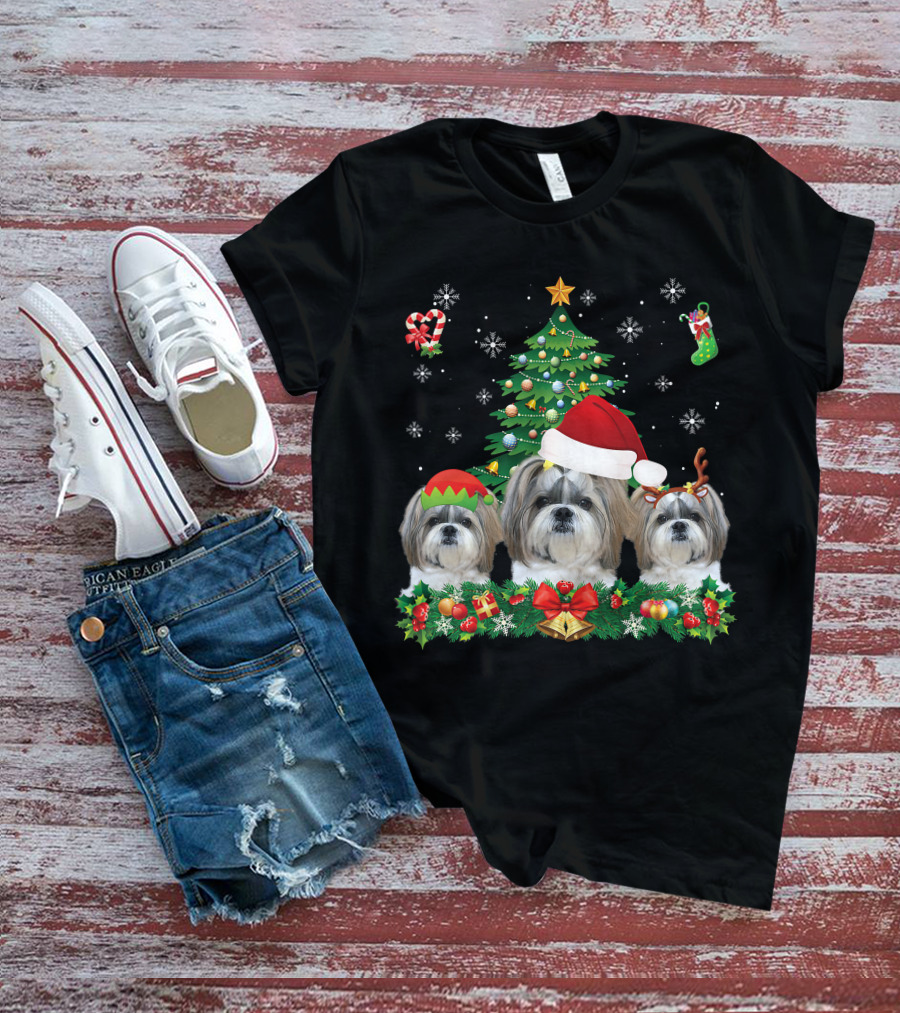 Merry Dogmas Shih Tzu Santa Elf Reindeer Christmas Tree T-Shirt