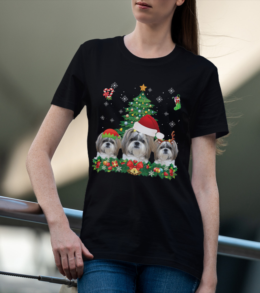 Merry Dogmas Shih Tzu Santa Elf Reindeer Christmas Tree T-Shirt