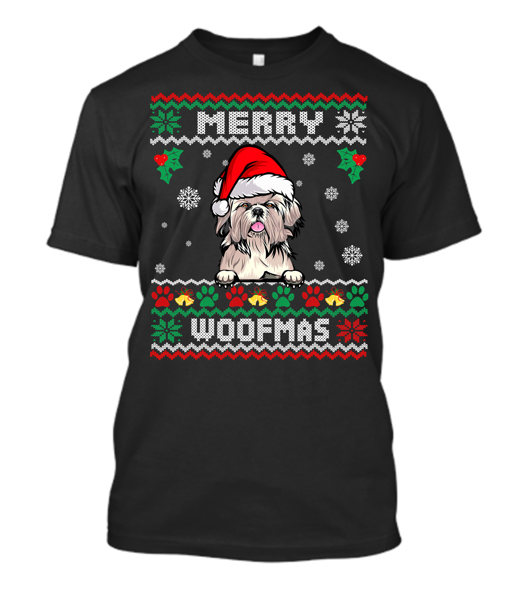 Merry Woofmas Shih Tzu Dog In Santa Hat With Christmas Patterns And Paw Print Snowflakes T-Shirt