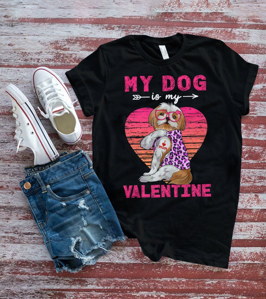 My Dog Valentine Shih Tzu Leopard Heart Glasses Mom Tattoo T-Shirt