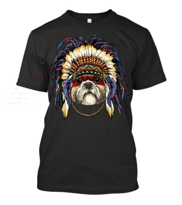 Native Indian Shih Tzu Dog In Traditional American Indian Headdress T-Shirt
