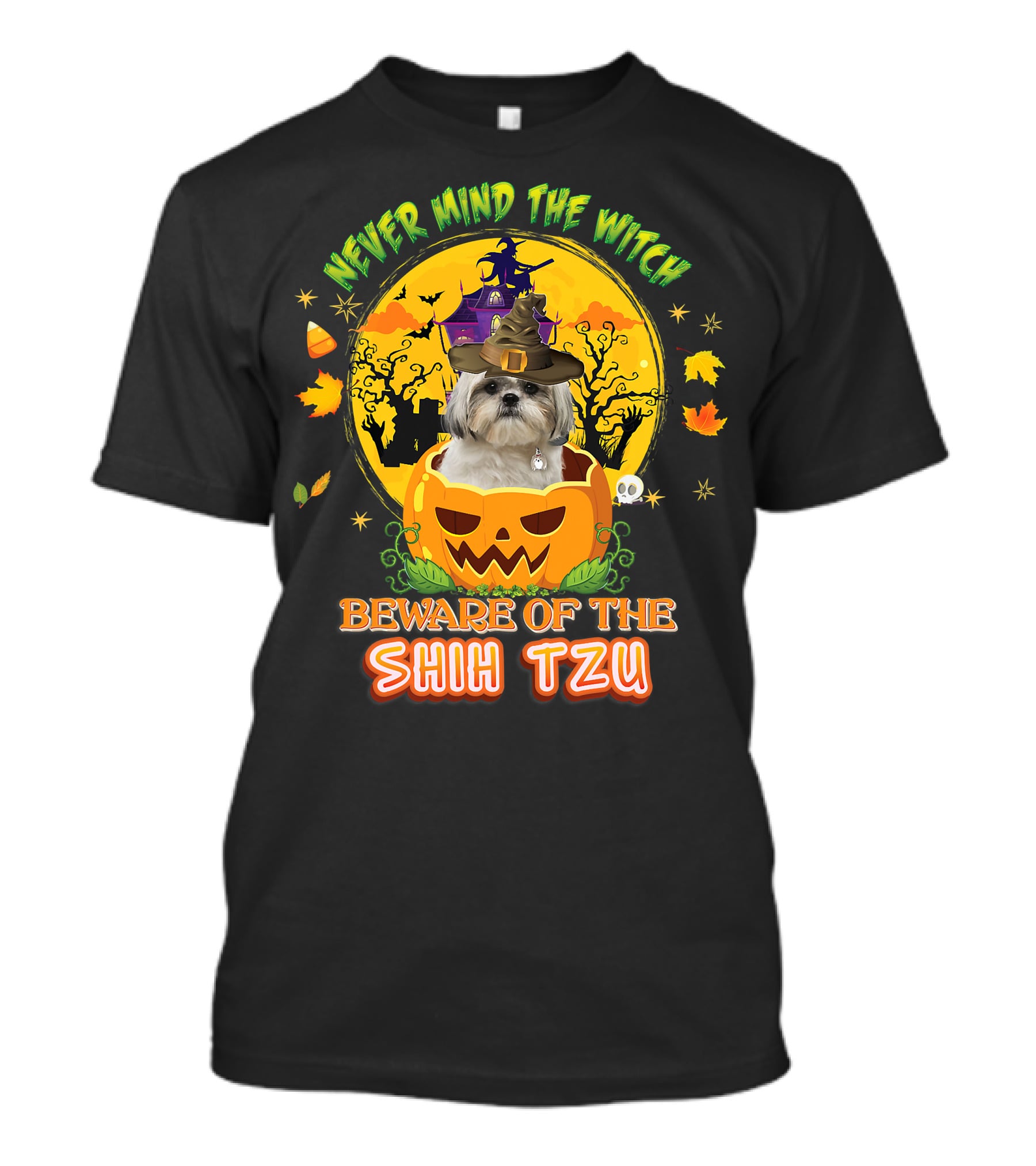 Never Mind The Witch Beware Of The Shih Tzu Halloween Pumpkin Dog With Witch Hat T-Shirt