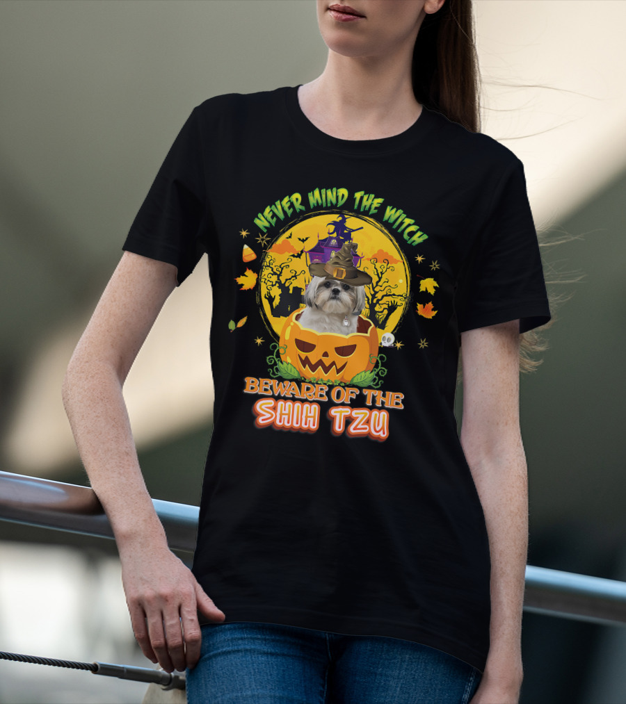 Never Mind The Witch Beware Of The Shih Tzu Halloween Pumpkin Dog With Witch Hat T-Shirt