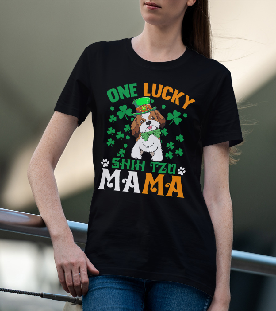 One Lucky Shih Tzu Mama St Patricks Day Green Hat Shamrocks T-Shirt
