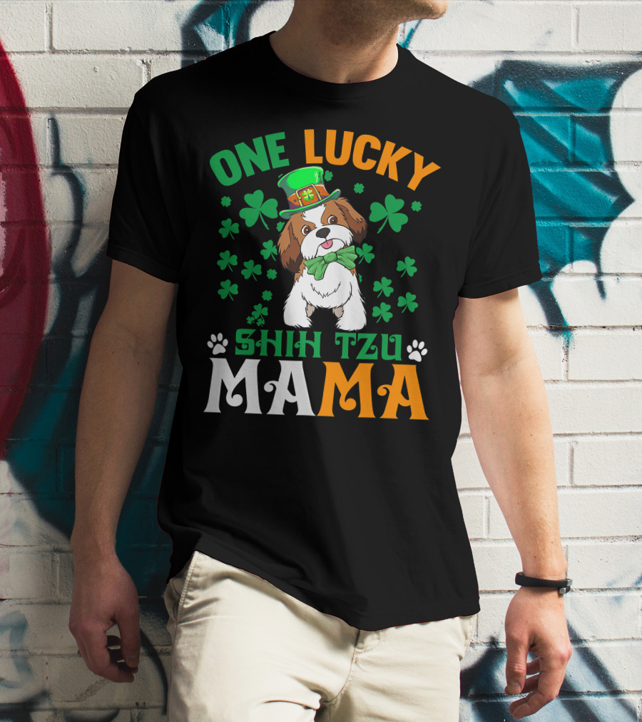One Lucky Shih Tzu Mama St Patricks Day Green Hat Shamrocks T-Shirt