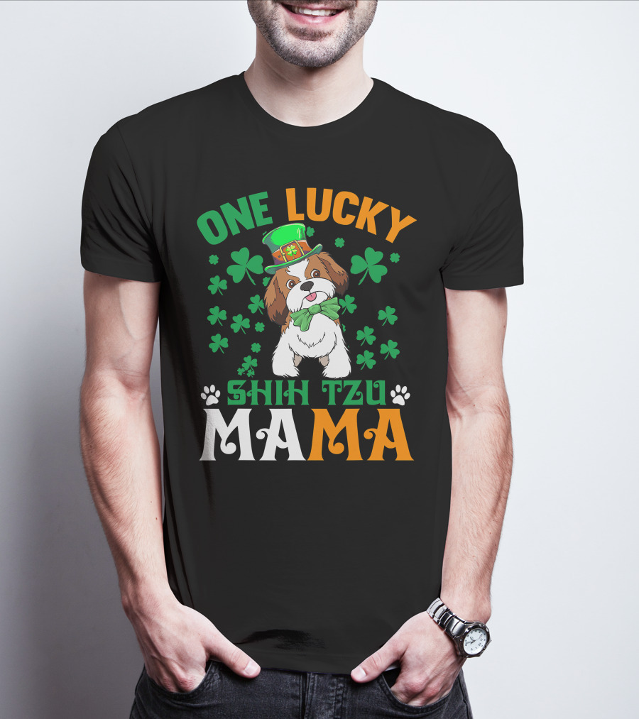 One Lucky Shih Tzu Mama St Patricks Day Green Hat Shamrocks T-Shirt