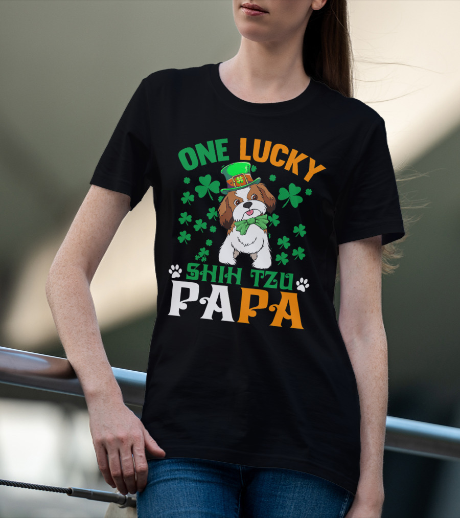 One Lucky Shih Tzu Papa St Patricks Day Dog Hat Clover T-Shirt