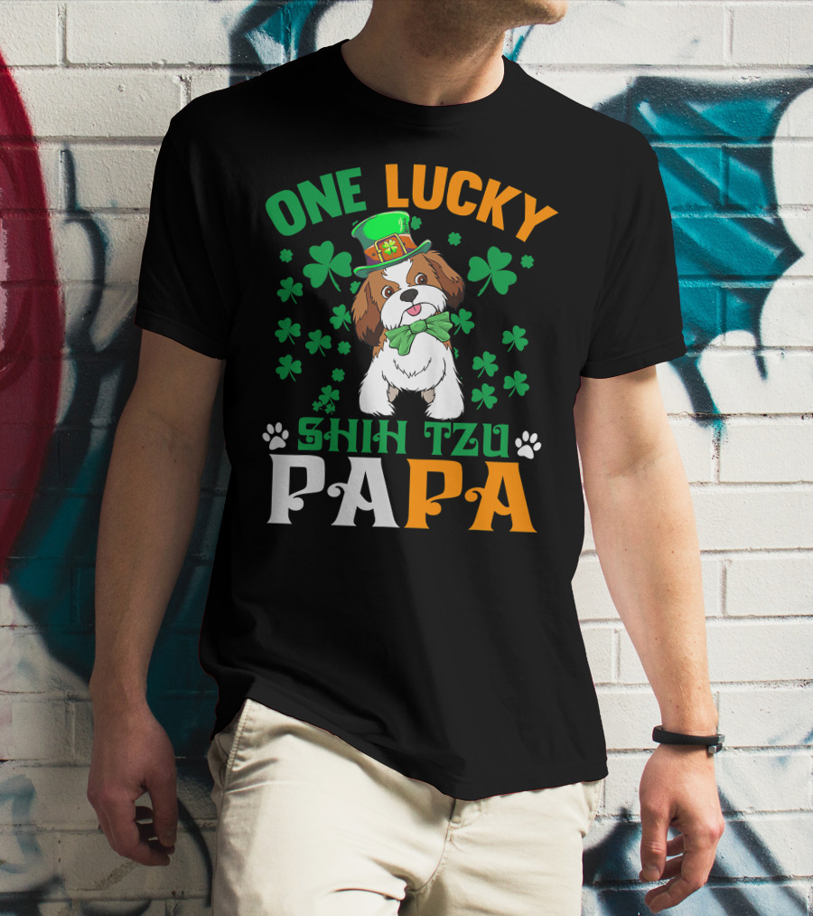 One Lucky Shih Tzu Papa St Patricks Day Dog Hat Clover T-Shirt