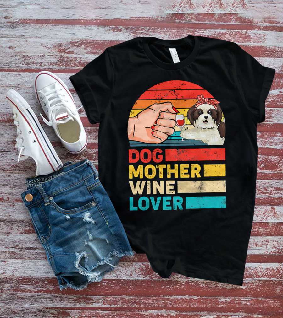 Dog Mother Wine Lover Shih Tzu Retro T-Shirt