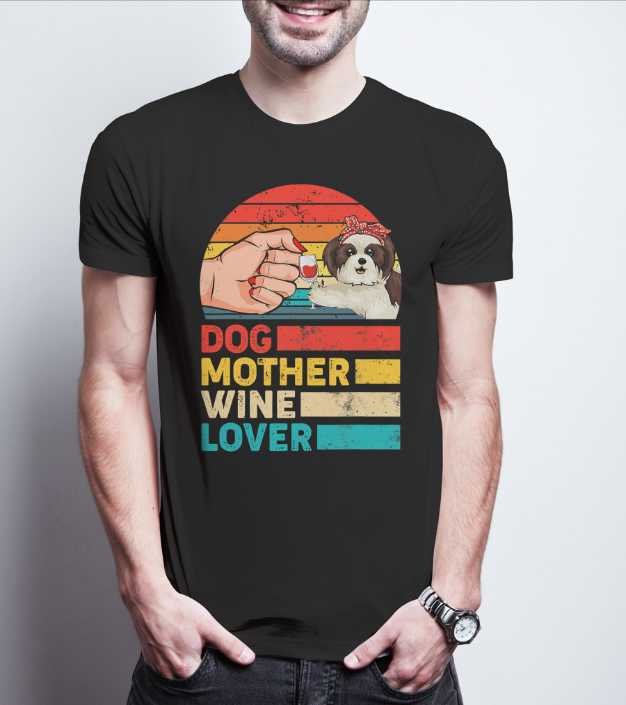 Dog Mother Wine Lover Shih Tzu Retro T-Shirt