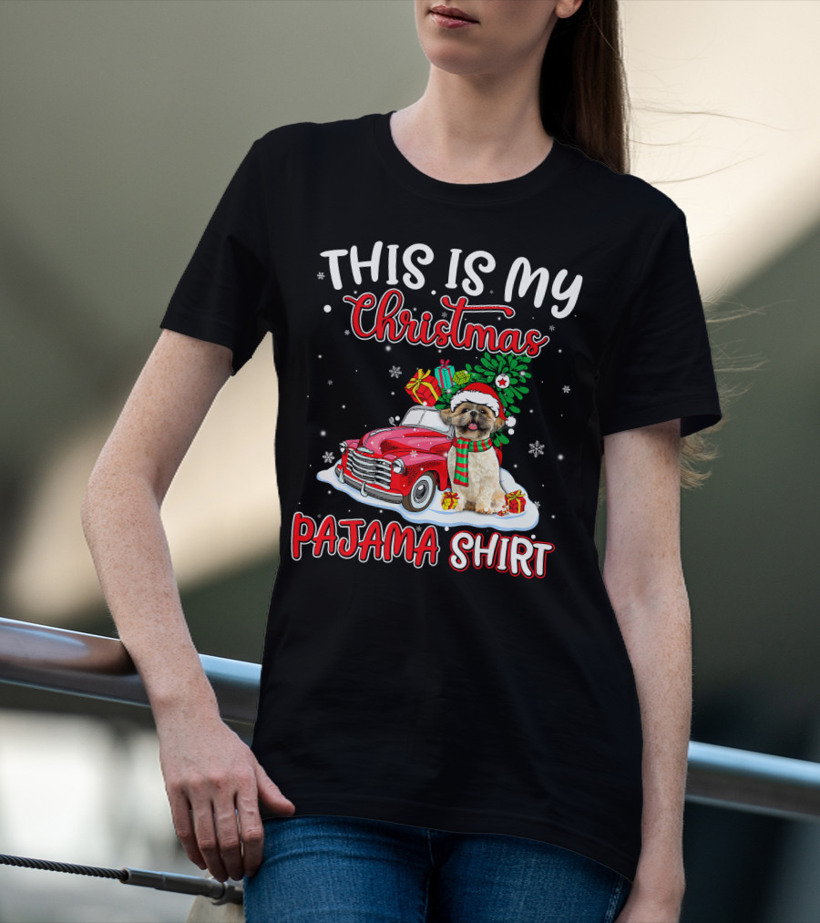 Retro Christmas Pajama Shih Tzu Santa Hat Presents Vintage Car T-Shirt