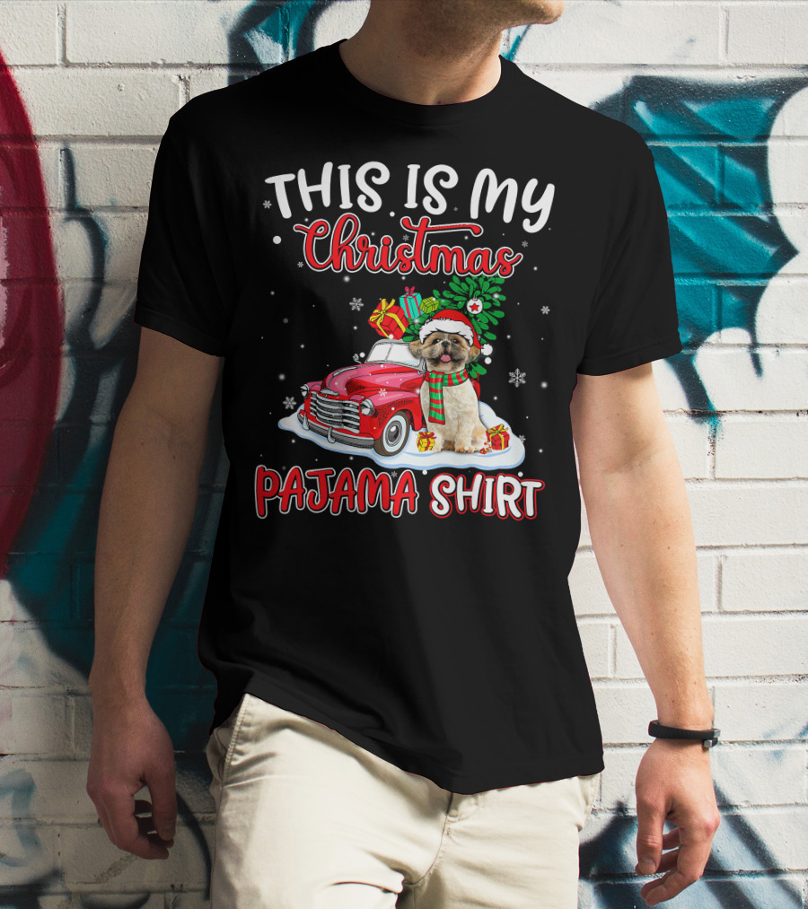 Retro Christmas Pajama Shih Tzu Santa Hat Presents Vintage Car T-Shirt