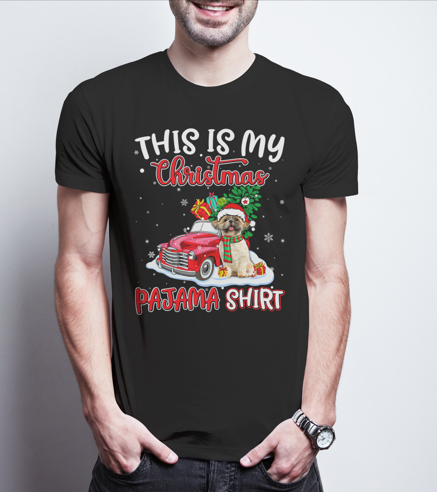 Retro Christmas Pajama Shih Tzu Santa Hat Presents Vintage Car T-Shirt