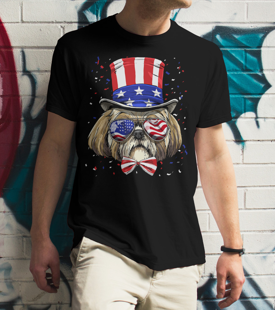 Shih Tzu Fourth Of July American Dog In USA Flag Hat And Glasses T-Shirt