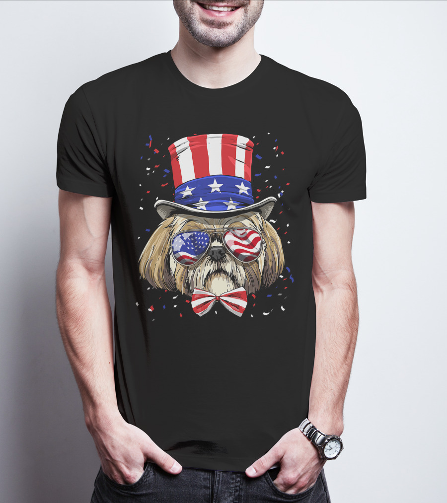 Shih Tzu Fourth Of July American Dog In USA Flag Hat And Glasses T-Shirt