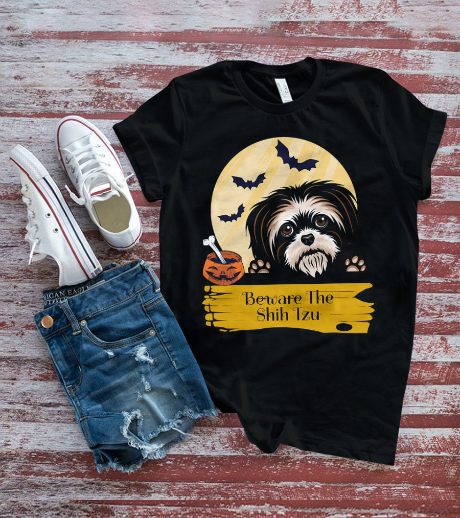 Beware The Shih Tzu Halloween Bats Moon Pumpkin T-Shirt