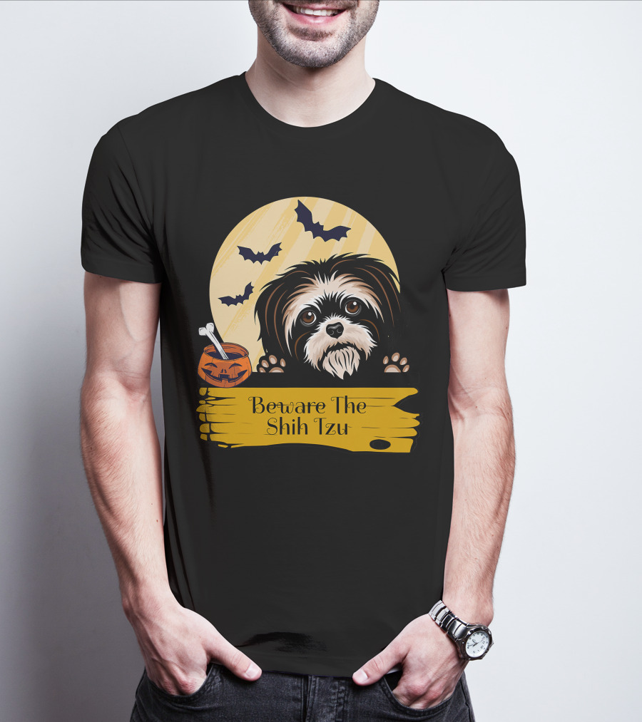 Beware The Shih Tzu Halloween Bats Moon Pumpkin T-Shirt