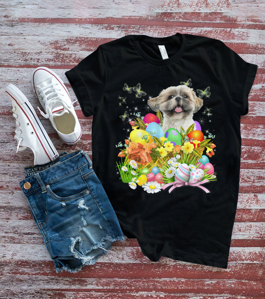 Shih Tzu Bunny Dog With Easter Eggs And Floral Basket T-Shirt