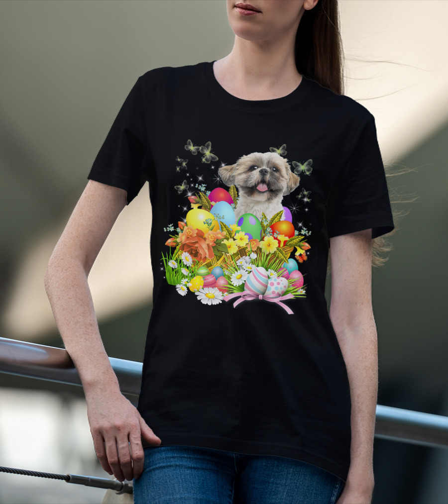 Shih Tzu Bunny Dog With Easter Eggs And Floral Basket T-Shirt