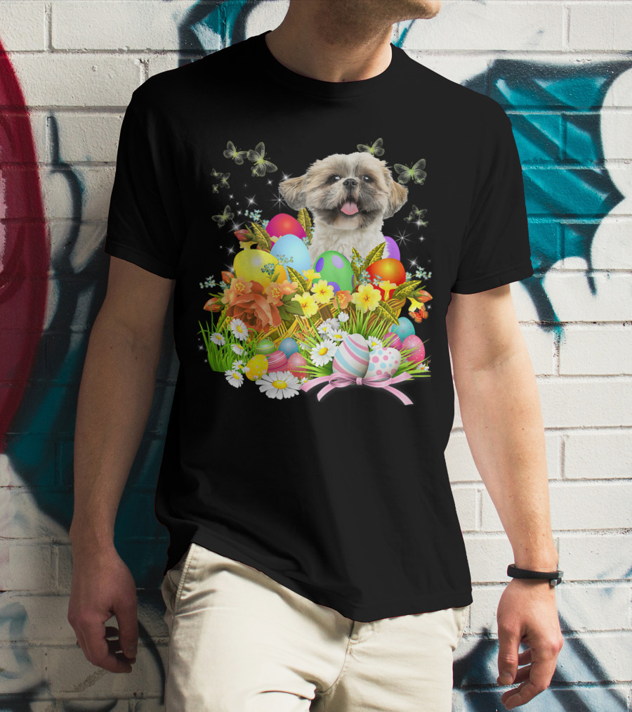 Shih Tzu Bunny Dog With Easter Eggs And Floral Basket T-Shirt