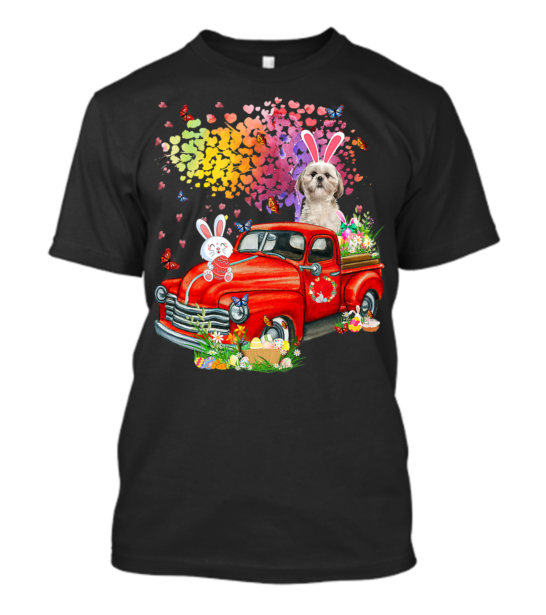 Shih Tzu Bunny On Red Truck With Easter Eggs And Rainbow Hearts T-Shirt