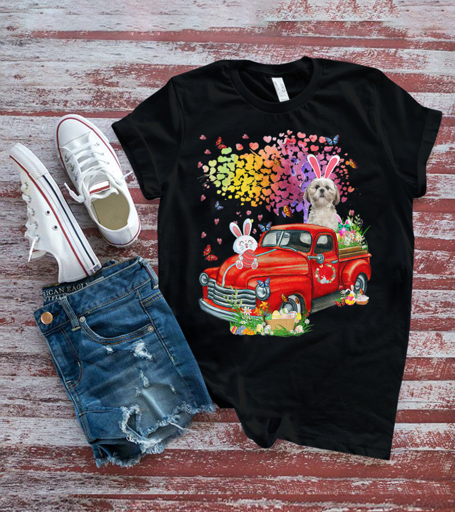 Shih Tzu Bunny On Red Truck With Easter Eggs And Rainbow Hearts T-Shirt