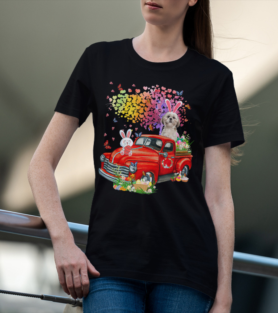 Shih Tzu Bunny On Red Truck With Easter Eggs And Rainbow Hearts T-Shirt