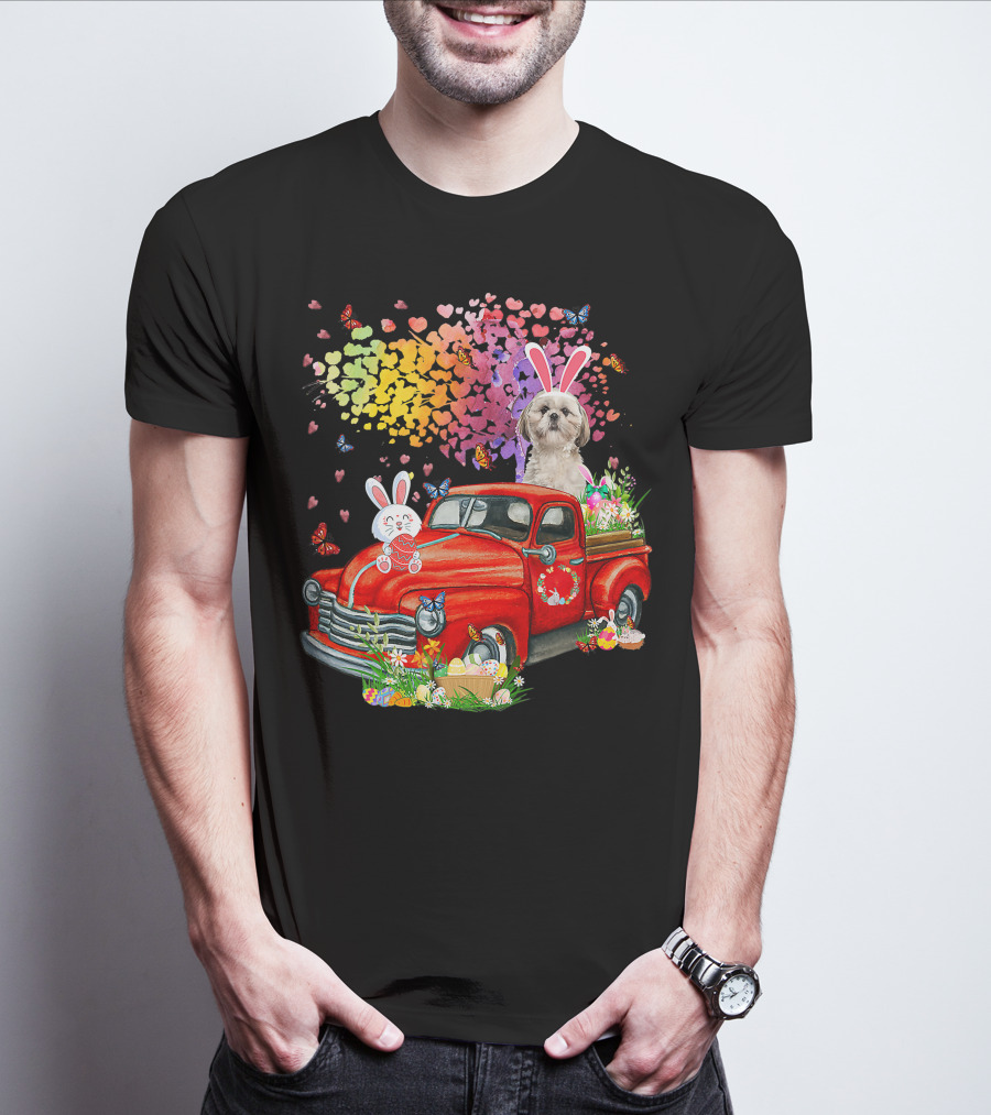 Shih Tzu Bunny On Red Truck With Easter Eggs And Rainbow Hearts T-Shirt