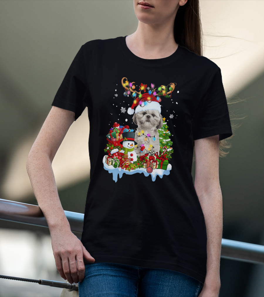 Shih Tzu Christmas Santa Hat Reindeer Antlers Lights Snowman Gifts Tree T-Shirt