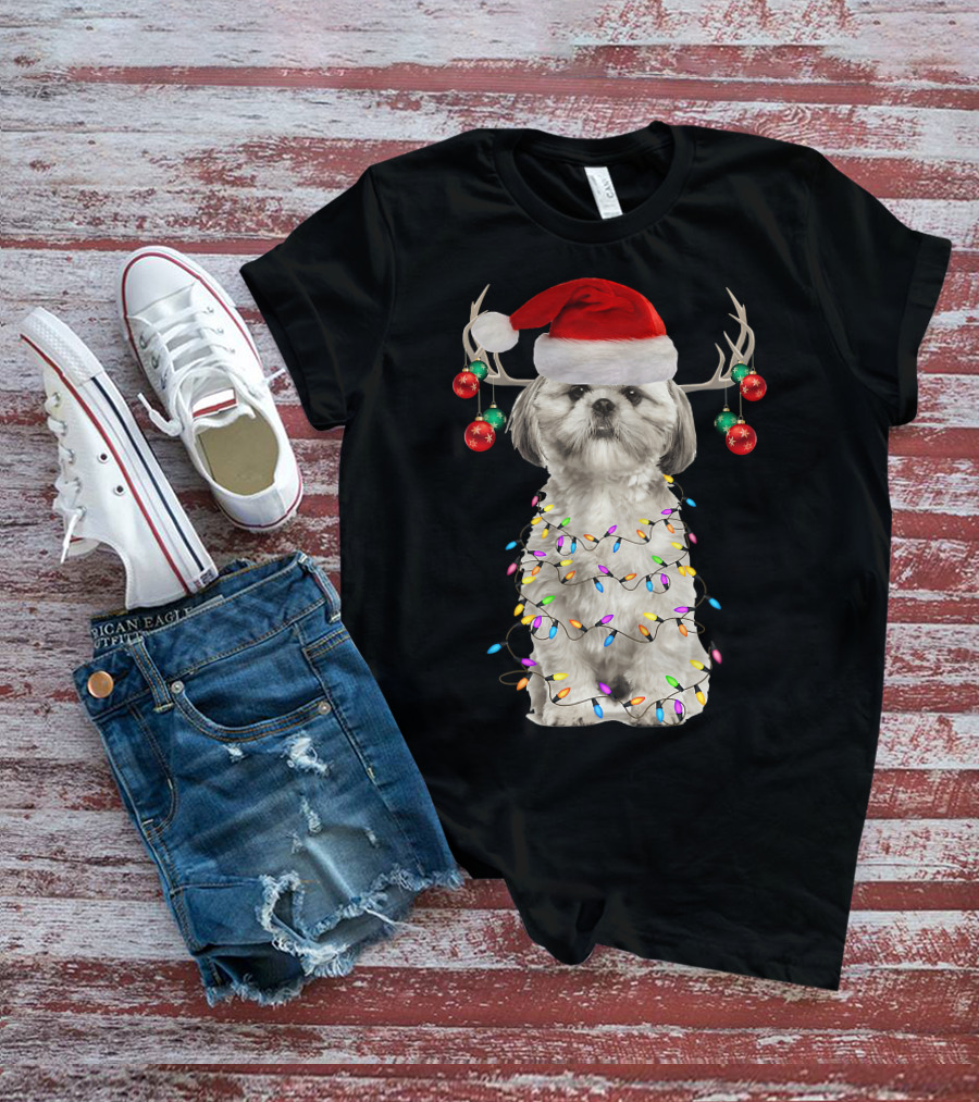 Shih Tzu Christmas Tree Santa Hat With Lights And Antlers T-Shirt