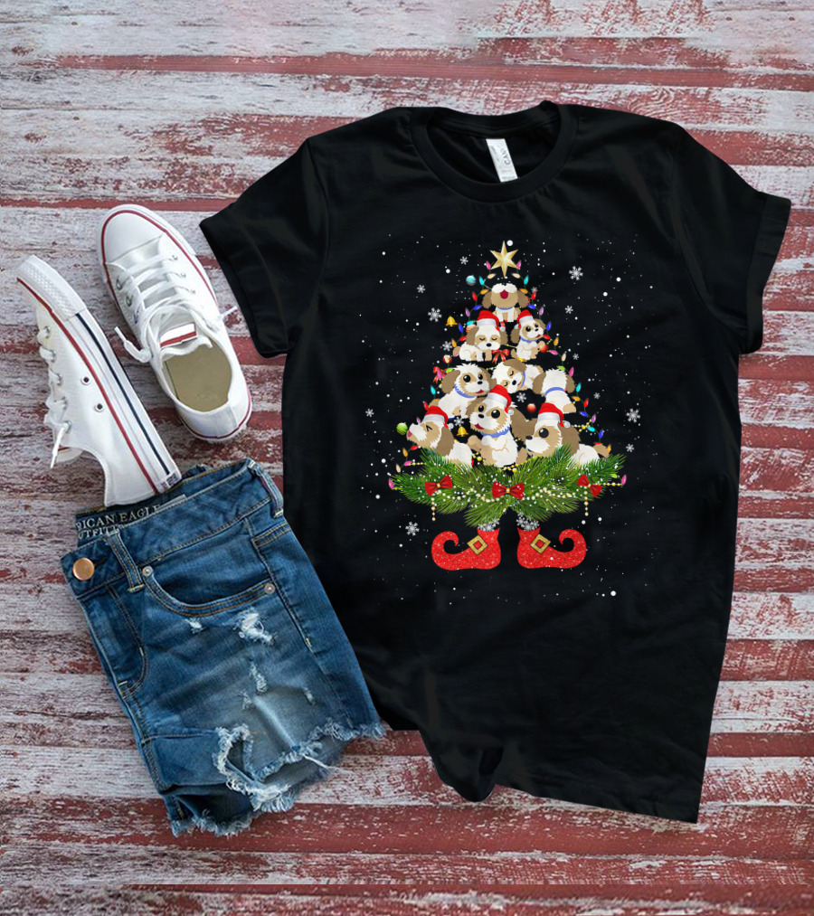 Shih Tzu Christmas Tree Lights Funny Santa Hat Dog Festive Holiday Puppies T-Shirt
