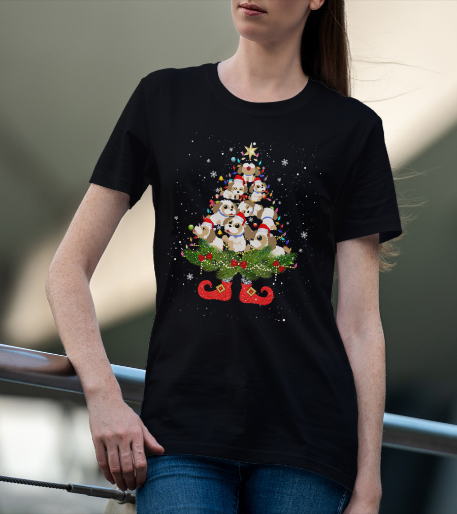 Shih Tzu Christmas Tree Lights Funny Santa Hat Dog Festive Holiday Puppies T-Shirt