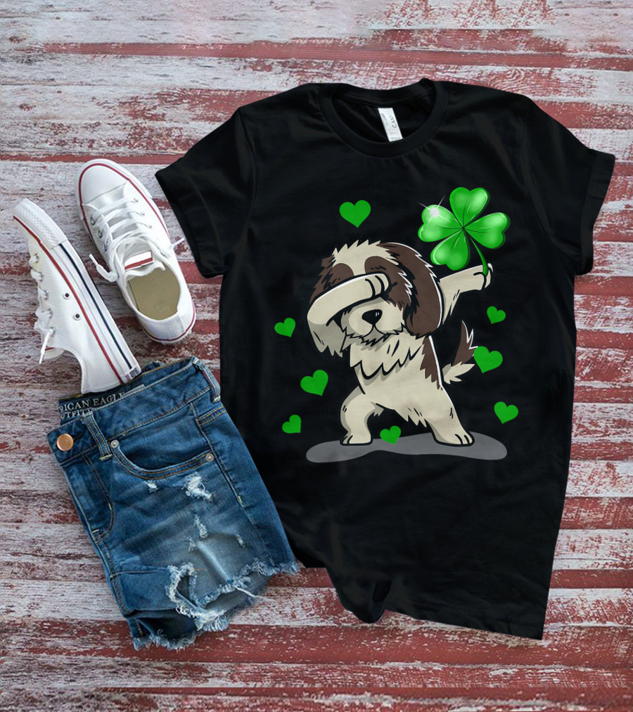 Shih Tzu Dabbing With Green Shamrock And Hearts T-Shirt