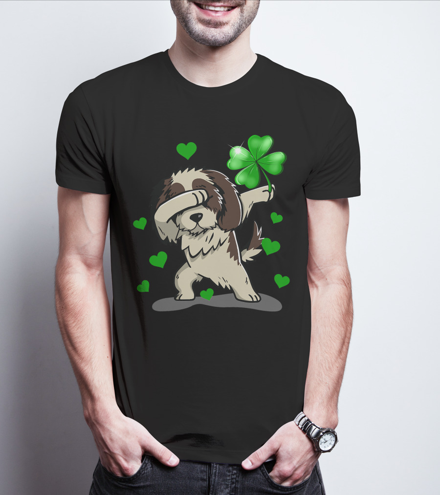 Shih Tzu Dabbing With Green Shamrock And Hearts T-Shirt