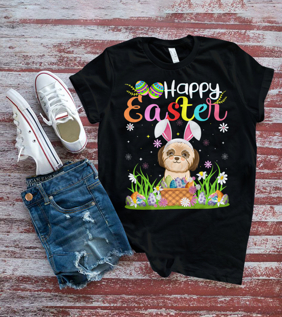 Happy Easter Shih Tzu Dog Bunny Egg Hunting Funny Shih Tzu T-Shirt