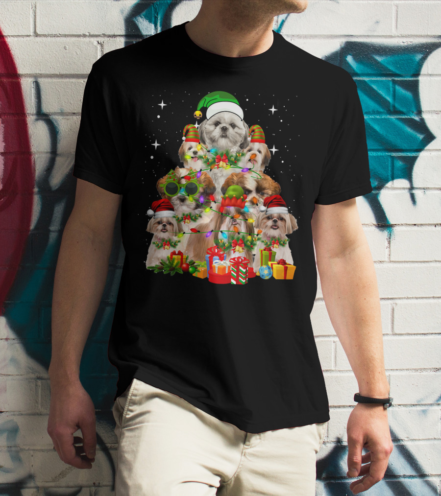 Shih Tzu Dog Christmas Tree With Presents And Santa Hats T-Shirt