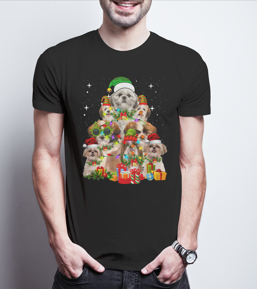 Shih Tzu Dog Christmas Tree With Presents And Santa Hats T-Shirt