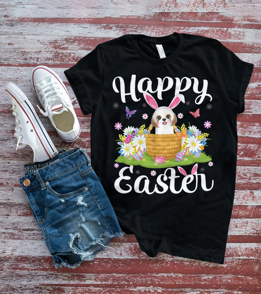 Shih Tzu Dog With Bunny Ears In Easter Egg Basket With Flowers And Butterflies T-Shirt