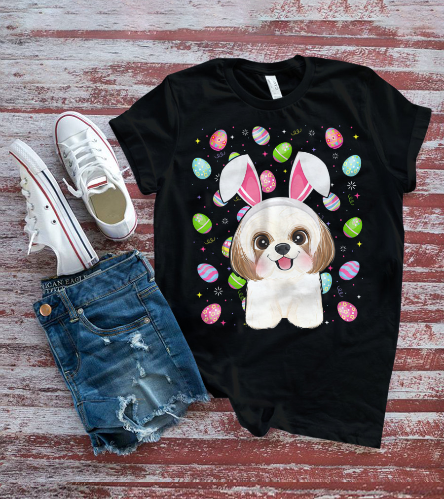 Shih Tzu Dog With Easter Eggs And Bunny Ears Funny Easter Lover Image T-Shirt