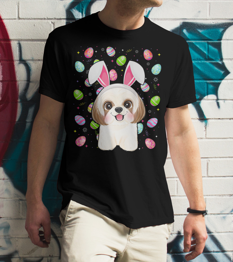 Shih Tzu Dog With Easter Eggs And Bunny Ears Funny Easter Lover Image T-Shirt