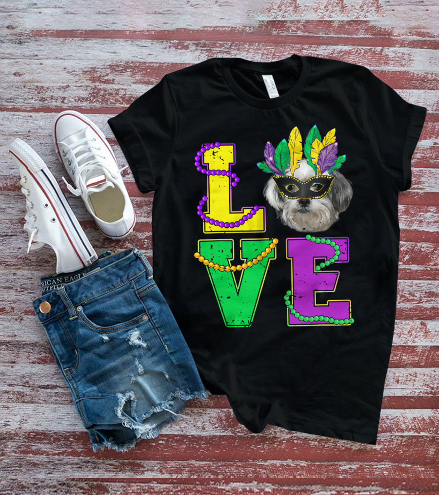 Shih Tzu Puppy Love Mardi Gras Beads Mask T-Shirt