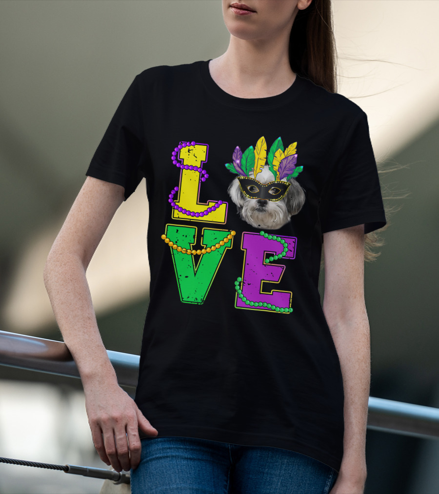 Shih Tzu Puppy Love Mardi Gras Beads Mask T-Shirt