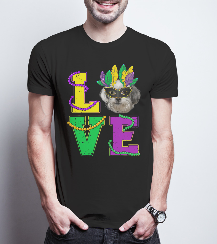 Shih Tzu Puppy Love Mardi Gras Beads Mask T-Shirt