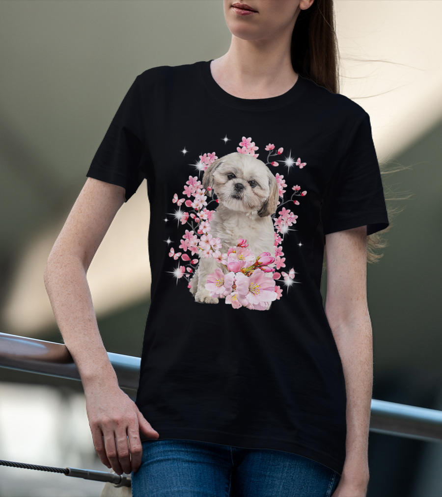 Shih Tzu Dog Sakura Japanese Cherry Blossom T-Shirt
