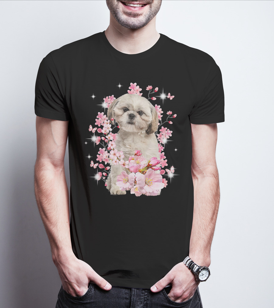 Shih Tzu Dog Sakura Japanese Cherry Blossom T-Shirt