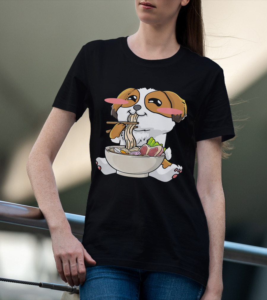 Shih Tzu Dog Enjoying Ramen Noodles With Kawaii Cute Blush Cheeks T-Shirt