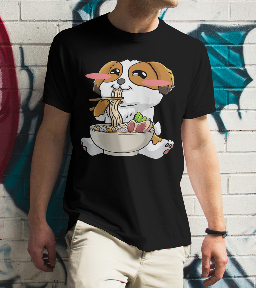 Shih Tzu Dog Enjoying Ramen Noodles With Kawaii Cute Blush Cheeks T-Shirt