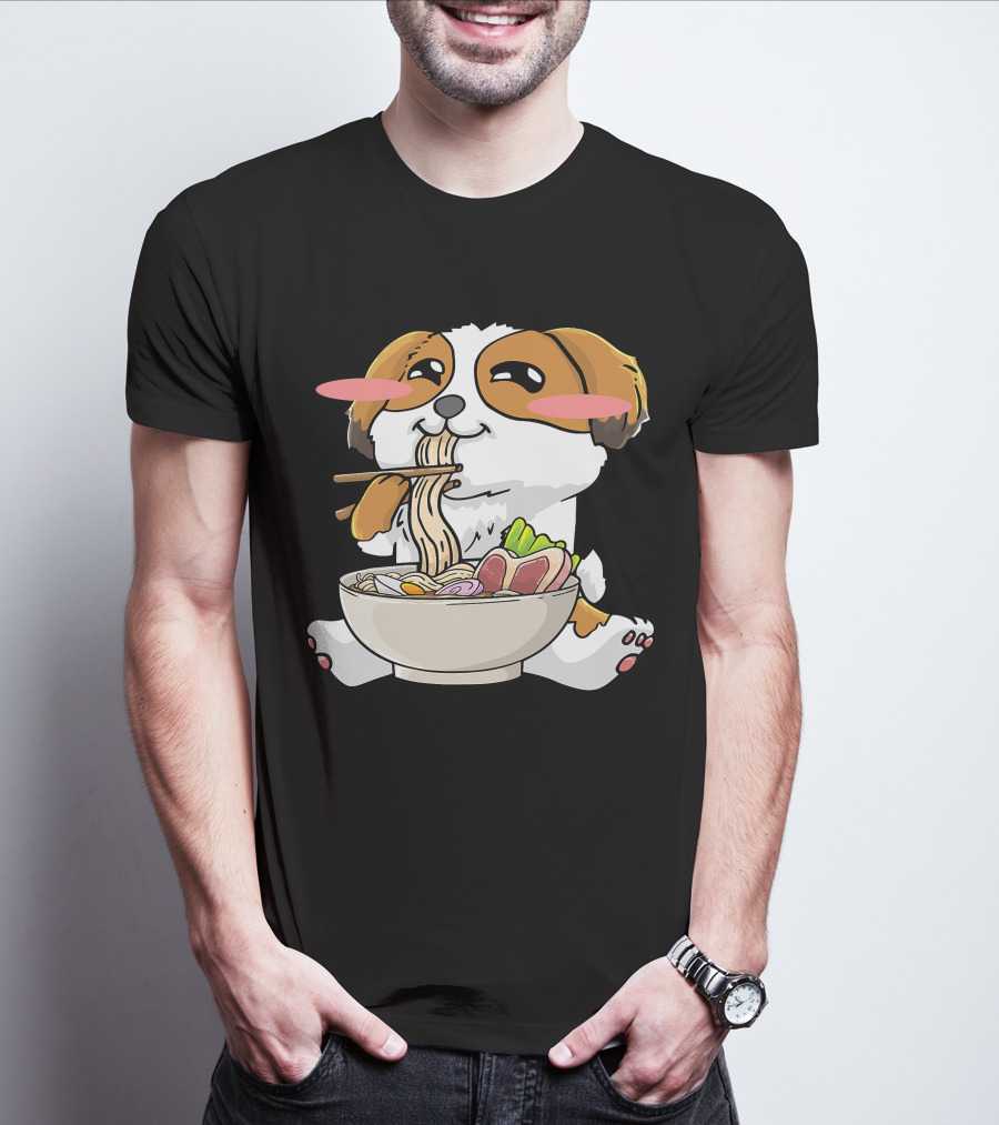 Shih Tzu Dog Enjoying Ramen Noodles With Kawaii Cute Blush Cheeks T-Shirt