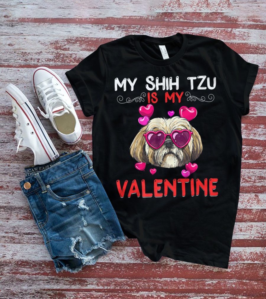 My Shih Tzu Is My Valentine Puppy Fun Hearts Glasses T-Shirt
